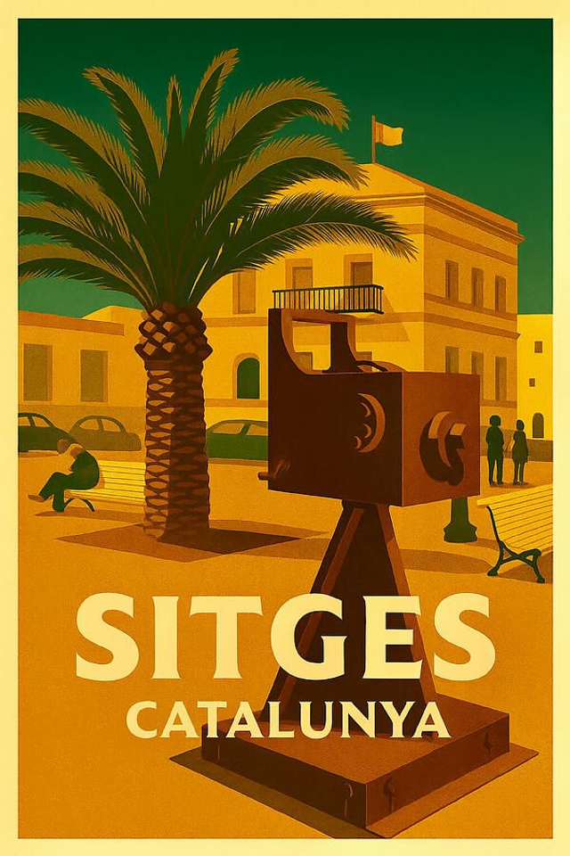 Póster vintage del festival de cine de Sitges, escultura de cámara, lámina artística de cine