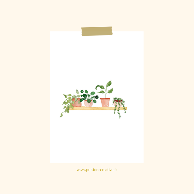Carte postale aquarelle - Etagère de plantes vertes