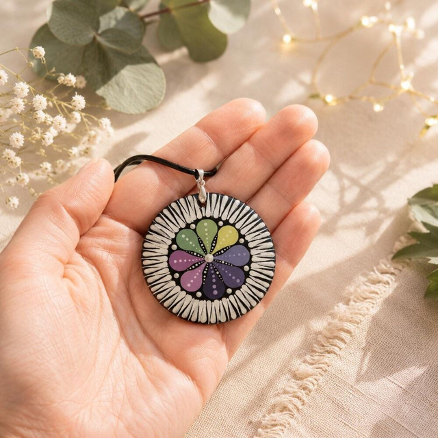 Collier mandala en bois 5 cm – Peint à la main &amp; résine époxy – Pièce unique