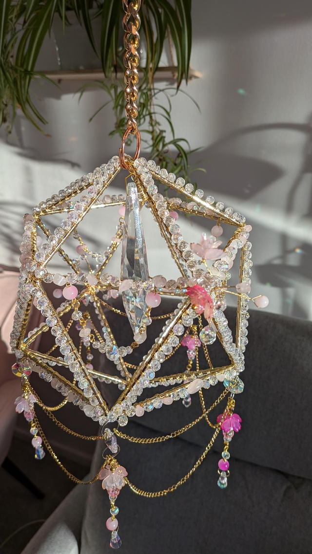 Celestial pink quartz and crystal suncatcher 