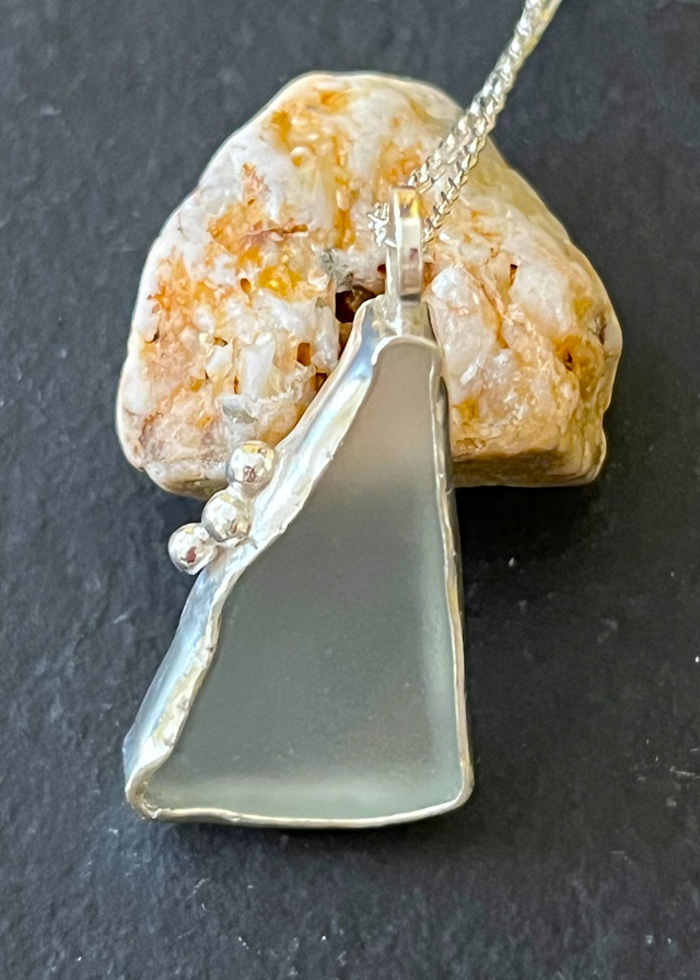 Small Triangular Frosted Glass Pendant with Recycled Fine Silver Detail