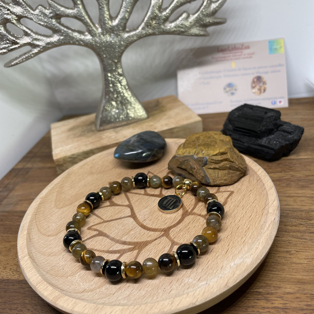 🌺♏️🐅Bracelet Signe Scorpion Labradorite, Oeil de tigre, Onyx 