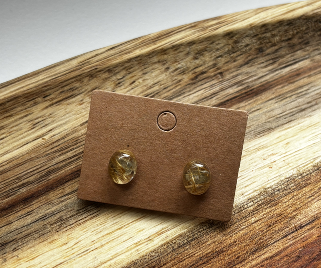 Oval Golden Rutilated Quartz Ear Studs – S925 Pin (A)