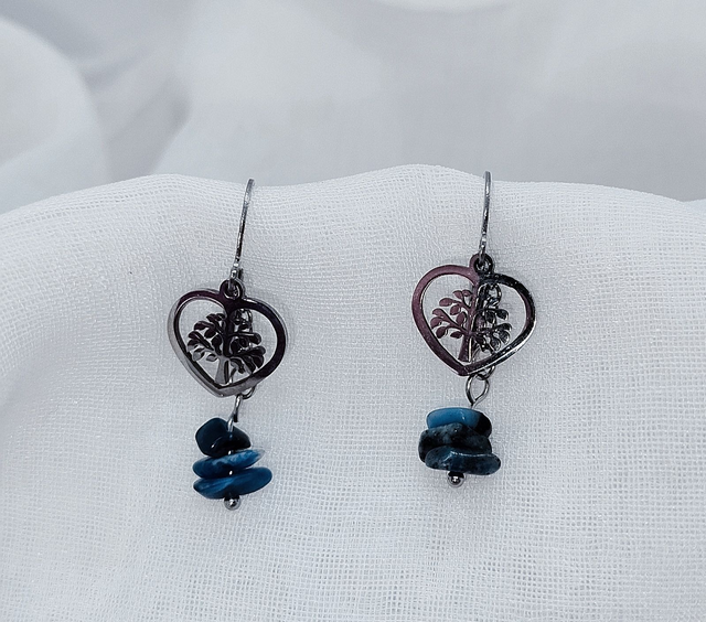 Dormeuses d'oreilles et pendentif "cœur arbre de vie" en acier inoxydable, avec pierres naturelles baroques (sodalite)