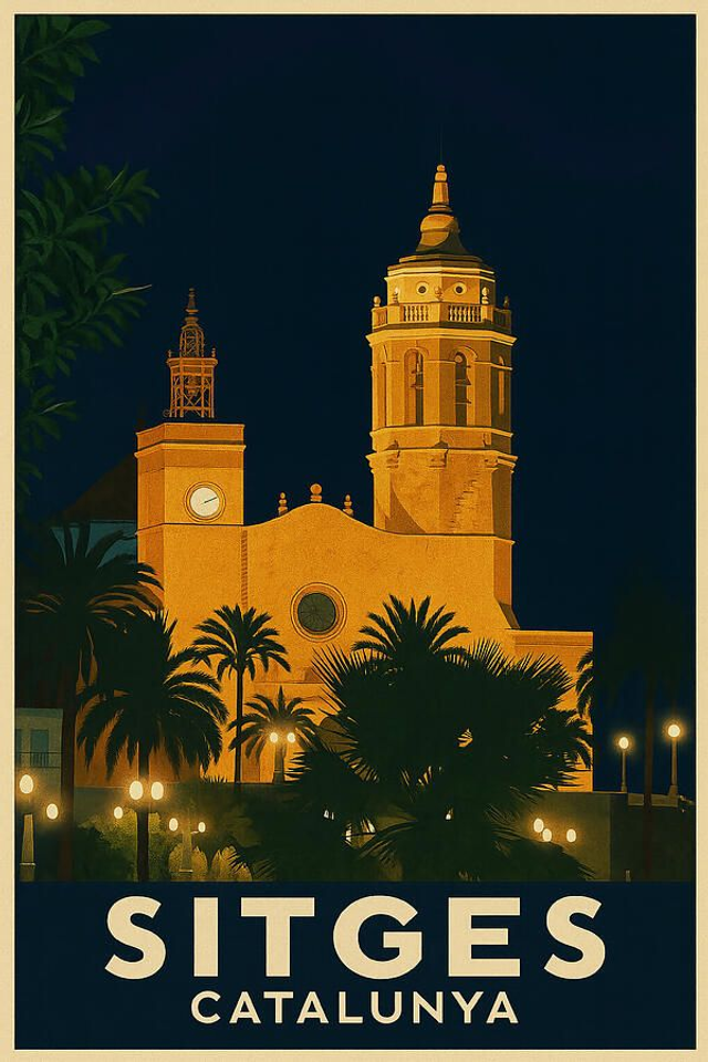 Póster turístico antiguo de la iglesia de Sitges - Sant Bartomeu de noche