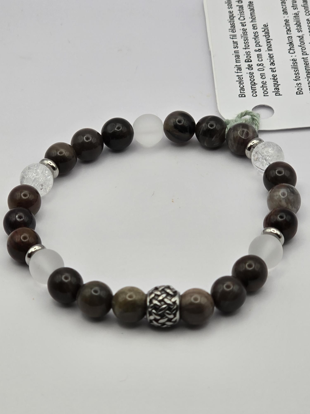 Bracelet Bois fossilisé et Cristal de roche 0,8 cm 