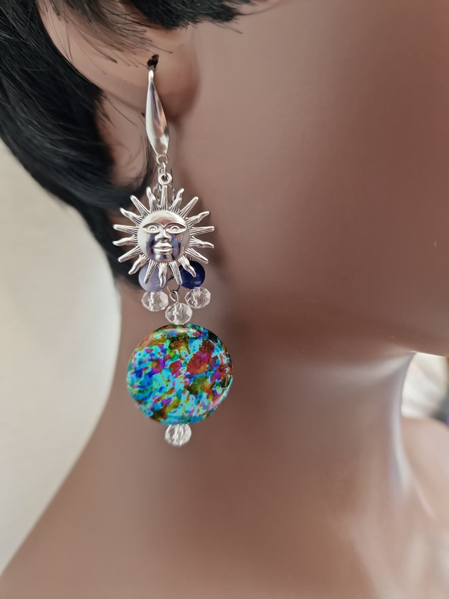 Boucles D'oreilles Acier Soleil Pierre Naturelle Aquamarine Lapiz Lazuli Cristal