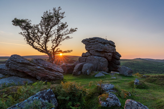 Sunset at Emsworthy Rock - Dartmoor, Devon. A6 photographic greeting card. Blank inside for your own message. 