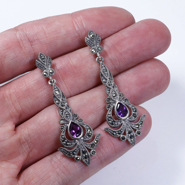 Art Nouveau Style Sterling Silver 925 Pear Cut Purple Amethyst Marcasite Gemstone February Birthstone Ornate Arrow Design Drop Earrings