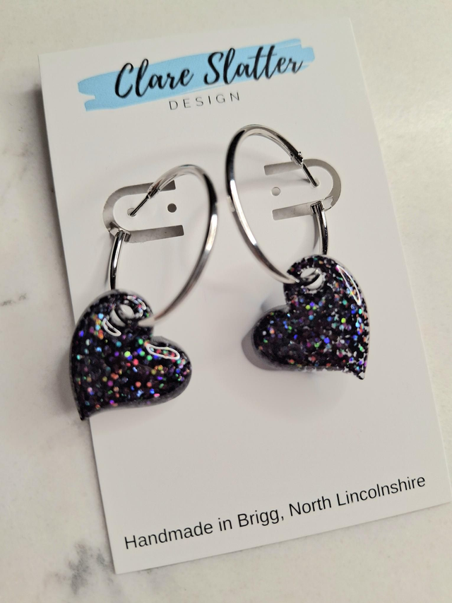 Black holographic glitter heart hoops