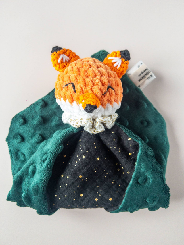 Doudou renard tissu noir et vert /collerette PHOSPHO