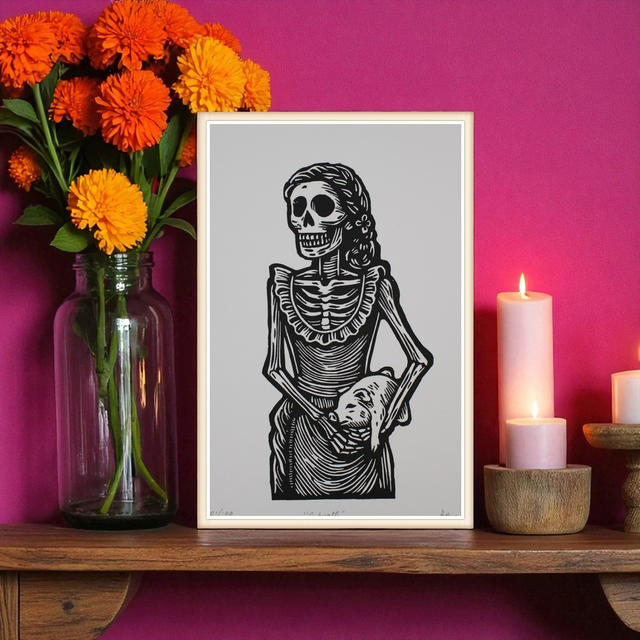 Linogravure catrina "Cihuatl"