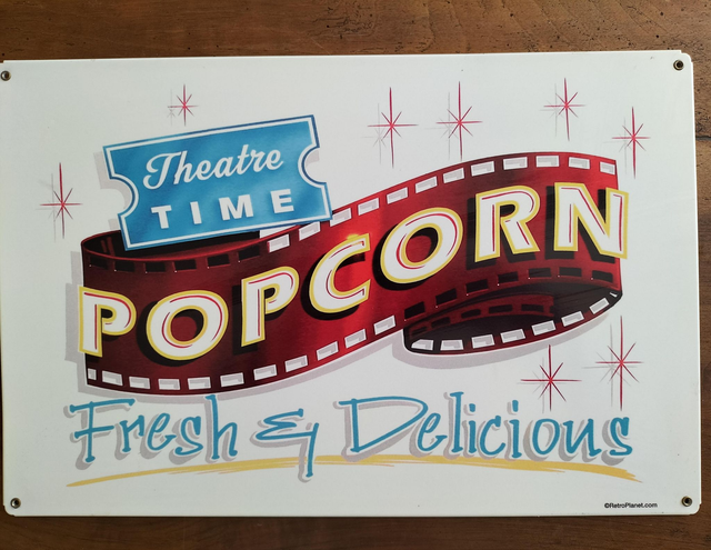 Plaque métal tôle épaisse / Pop corn/ aspect vintage / occasion T.B.E