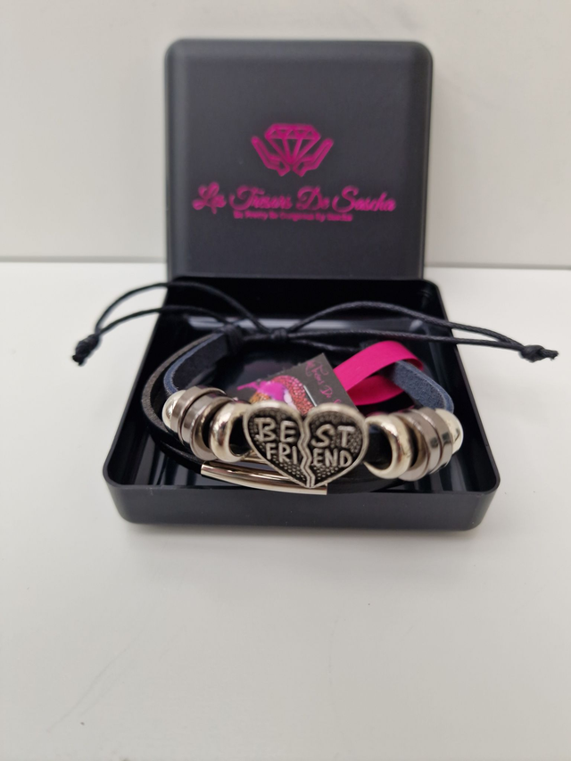Bracelet Cuir Noir Coeur Best Friend Argentée