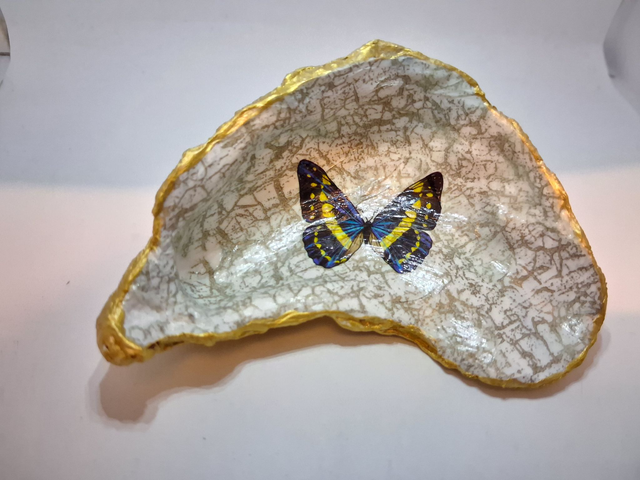 Butterfly decopauge oyster shell trinket dish 
