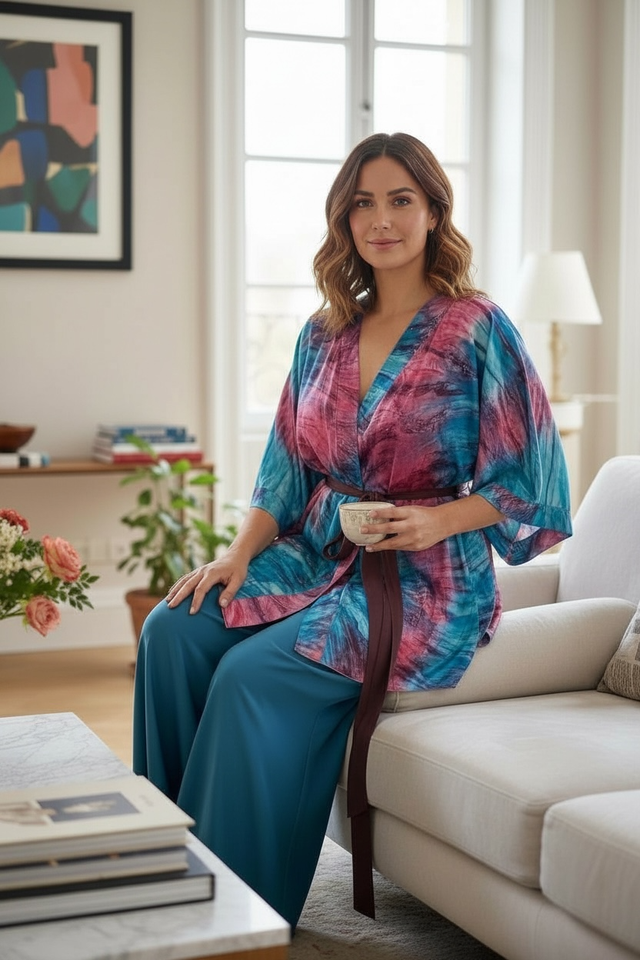 Kimono Cousu Soie en soie multicolore vibrante – Taille unique 44-56