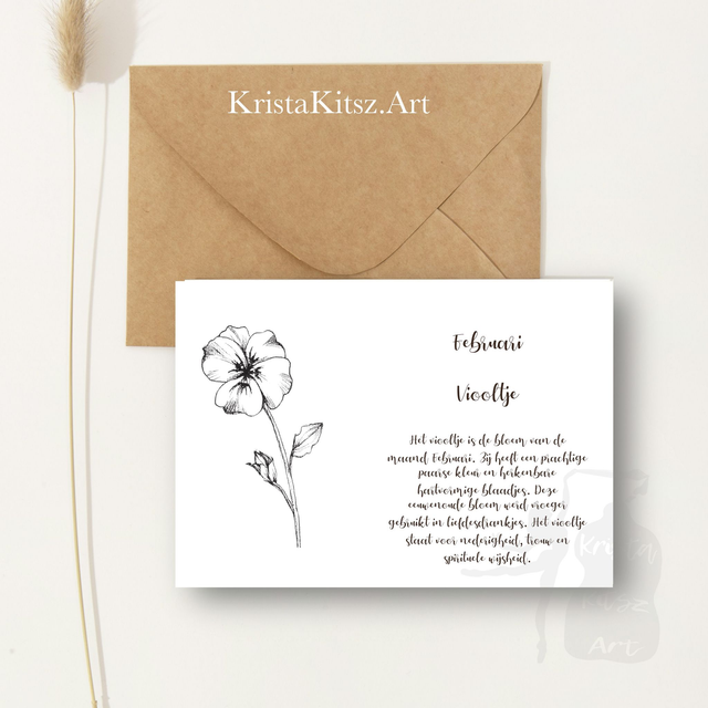 Ansichtkaart Viooltje Februari met tekst | inclusief envelop of postkaart | zwart wit tekening illustratie 