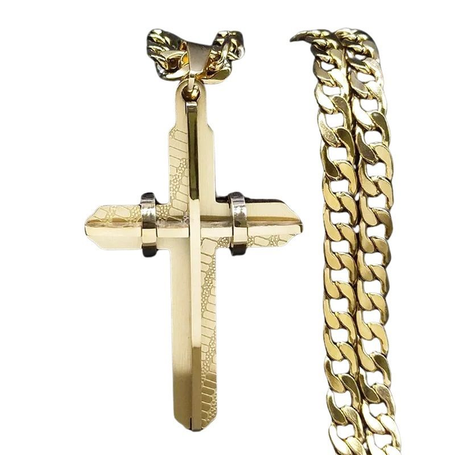 Collier croix marque Marie Perle pour homme et femme, en acier inoxydable plaqué or