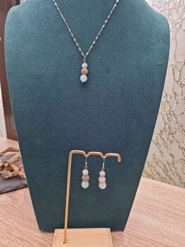 Parure Bijoux Perles Amazonite Acier Argenté