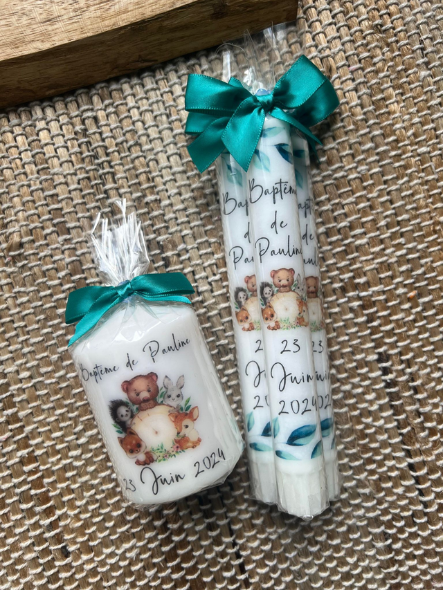 Bougie personnalisée baptême communion profession de foi naissance animaux forêt