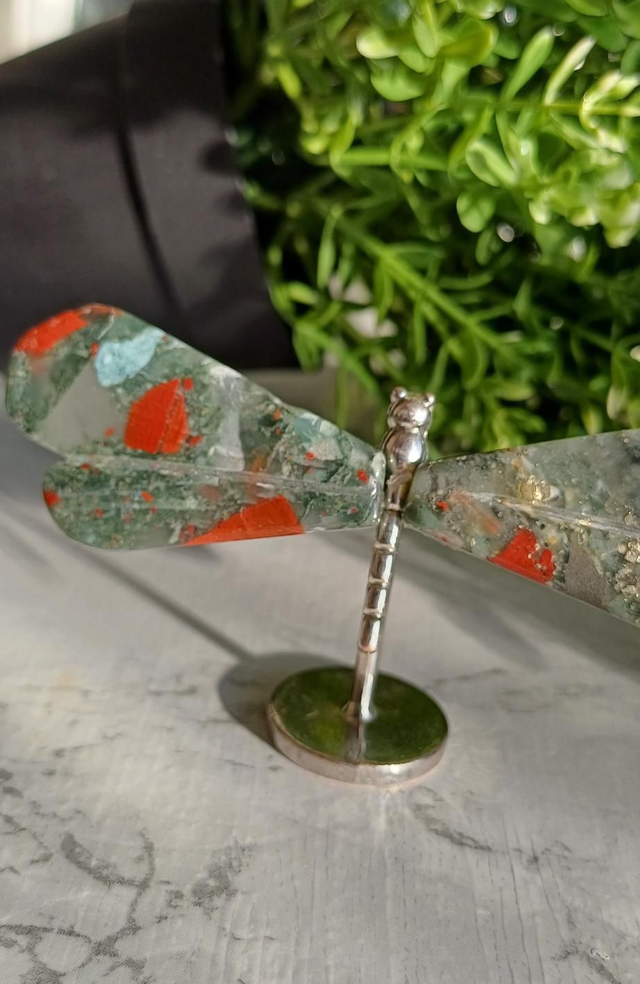 African Bloodstone Dragonfly on Silver Standp