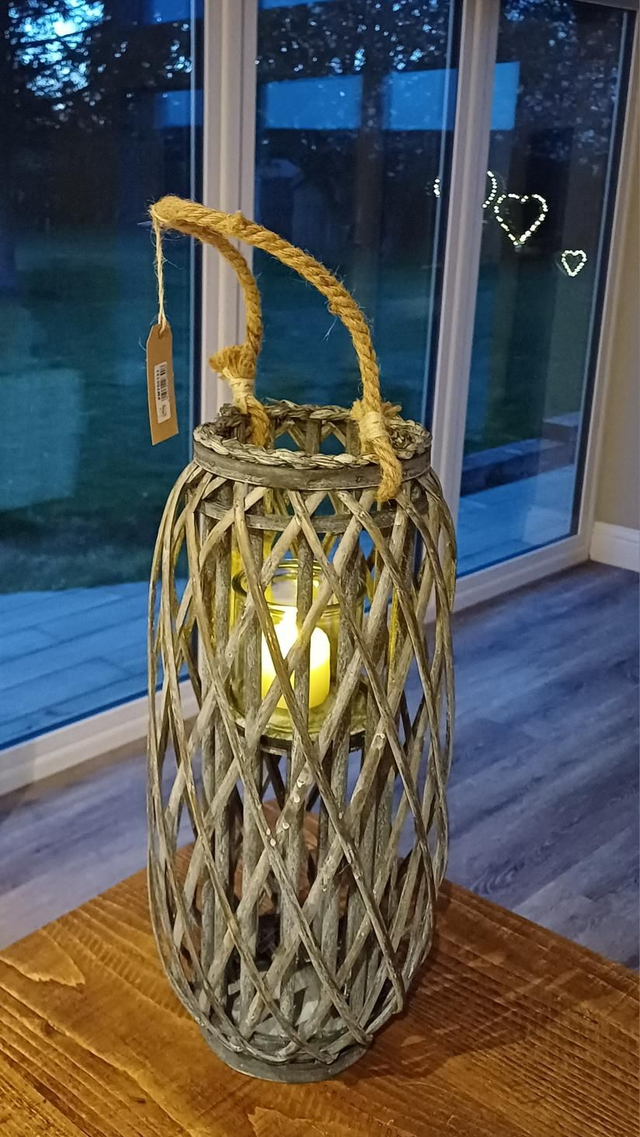 Large Grey Woven Lantern With Rope Handle 49cm