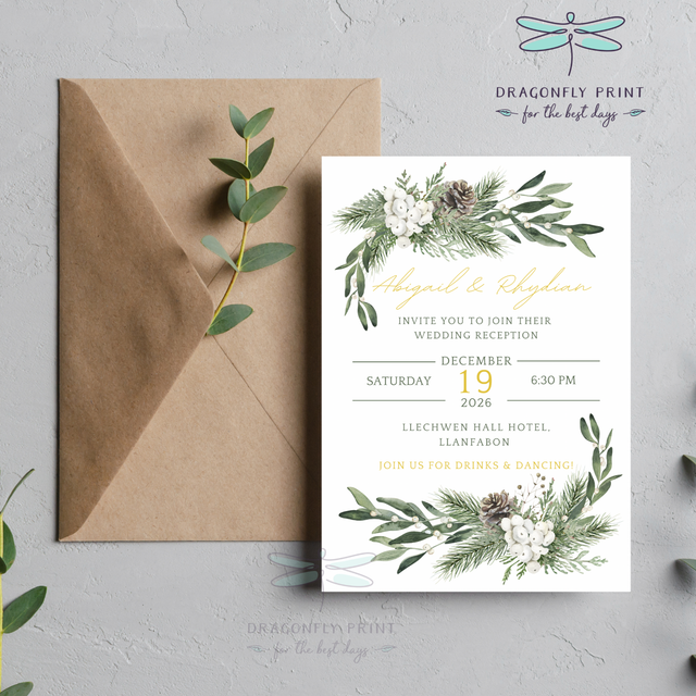 Pack of A6 evening invitations - mistletoe, sage greenery and touches of gold design