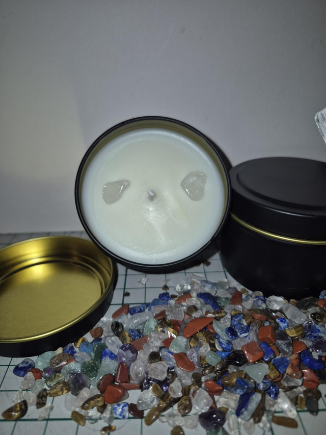 peace candle with clear quarts crystals