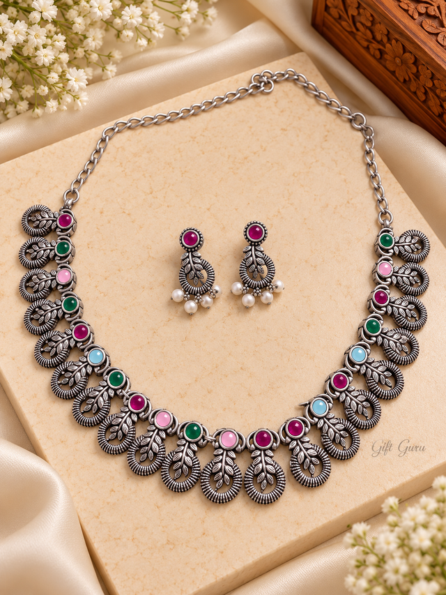 Traditional Indian oxidized silver necklace multi-colored 