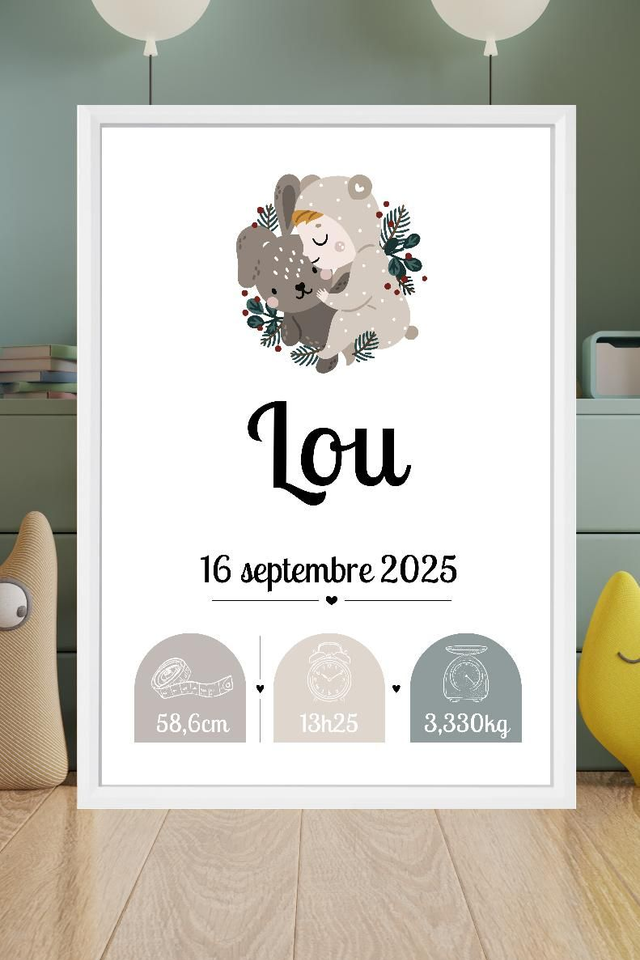 Toile de naissance personnalisée encadrée – Cadeau de naissance unique – Décoration chambre bébé – Souvenir doux et poétique
