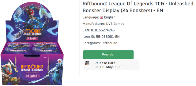 PRORDER Riftbound: League of Legends TCG - Unleashed Booster Display (24 Boosters) - EN