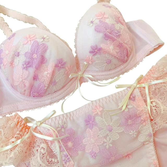 Pink Floral embroidered Japanese Bra + Underwear Set UK 30A   (1)