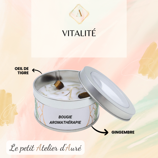 Bougie aromathérapie &quot;Vitalité&quot; - Oeil de Tigre &amp; Gingembre