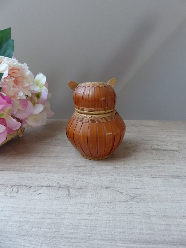 Petit Panier Boite Chouette Hibou en Bois et Osier fait Main Vintage 1970, Boite à bijoux, Boite à secrets, Décoration maison campagne boho