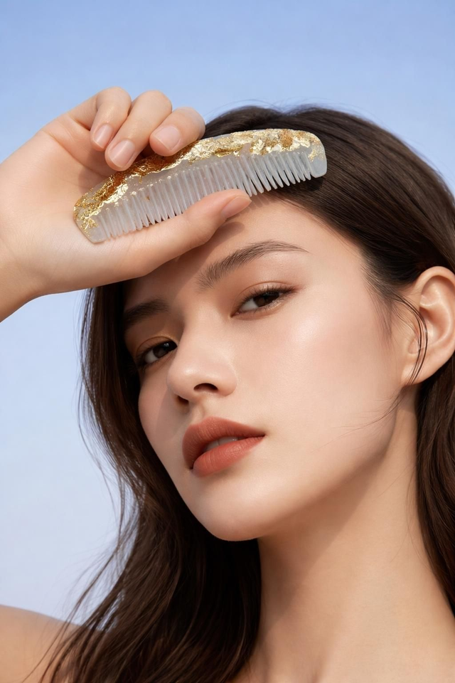 Peigne large nacré et feuilles d'or 
