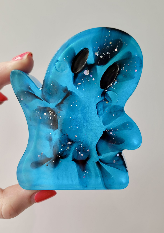 Ghost Ornament - Blue and Black Glitter Swirls