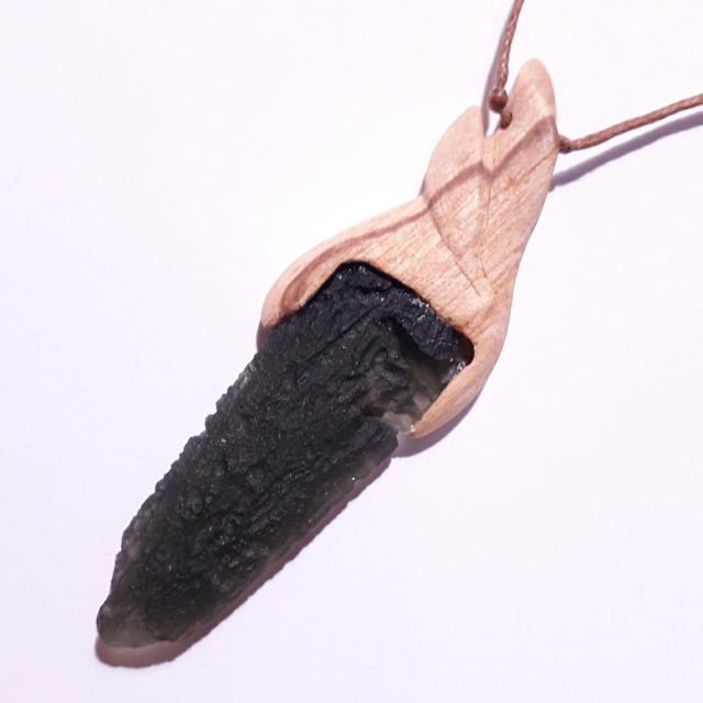 Moldavite Necklace with Hand Carved Palo Santo Wood