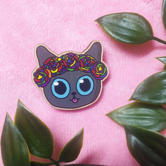 Rainbow Flower Crown Wooden Pin Badge