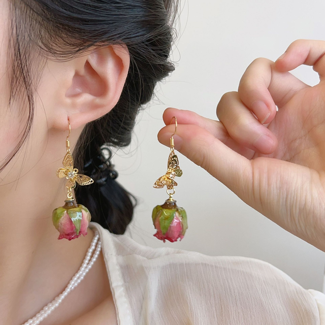 Rosebud Drop on Golden Butterfly Hoop Earrings