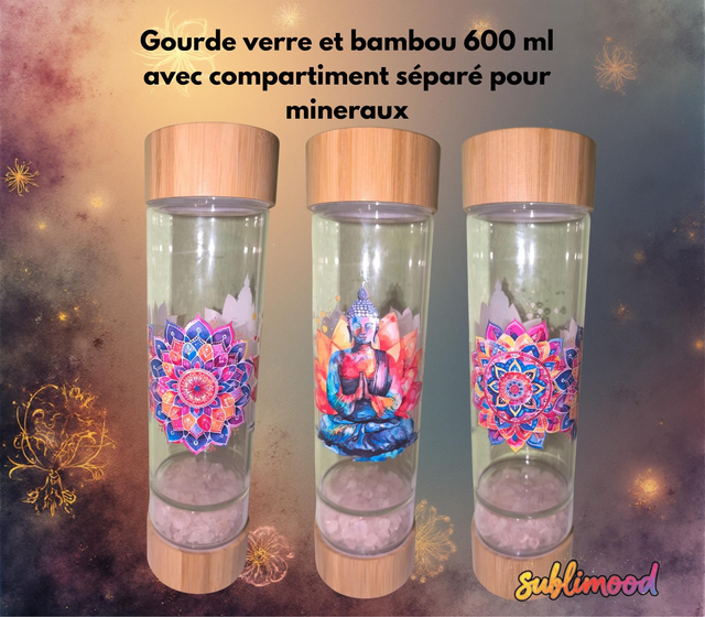 Gourde en verre buddha et chips de quartz rose 