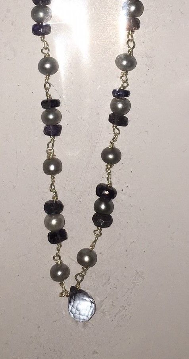 Shell Pearl and Iolite natural gemstone necklace