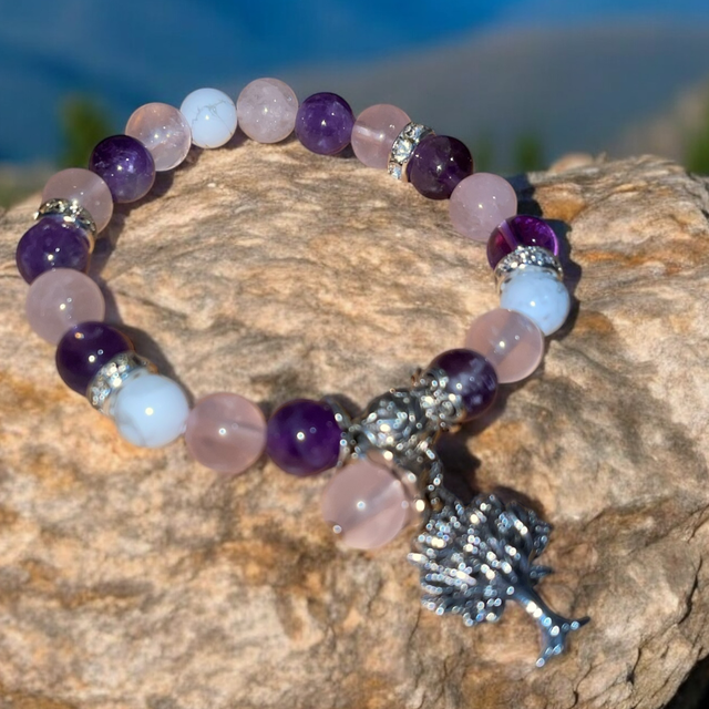 U3 bracelet bien-être Quartz rose, Améthyste, Howlite charm’s arbre de vie perle de quartz 