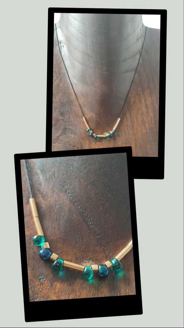 Collier gouttes en verre et hématite doré ( pierres naturelles) monté sur fil de jade noir, réglable avec chaîne d'extension, pièce unique 