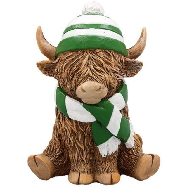 Highland cow with a cosy green and white striped hat and scarf ornament