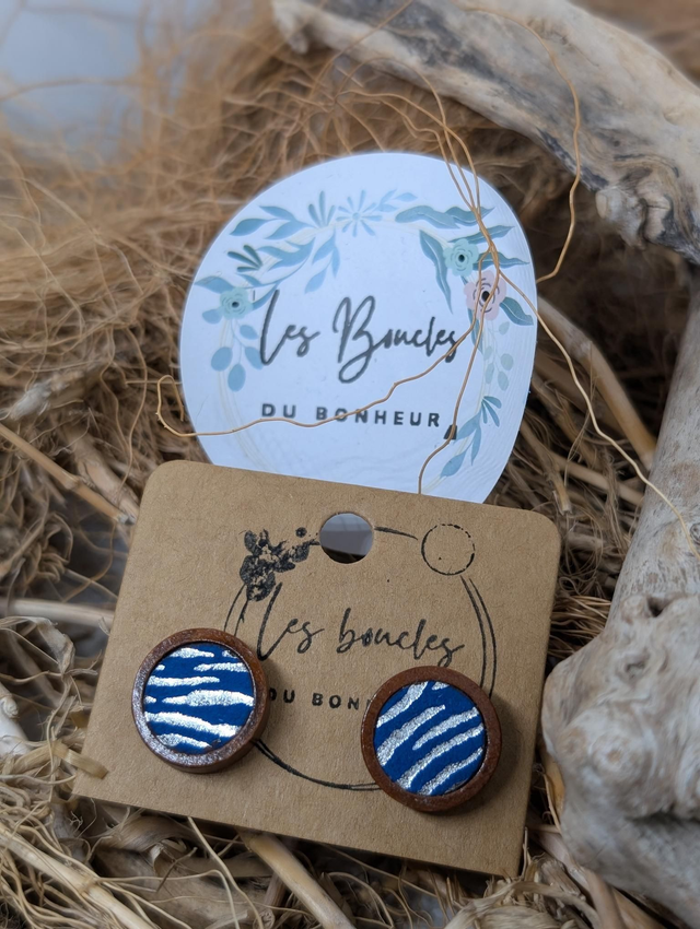 Boucles d'oreilles puces zèbre bleu pu065