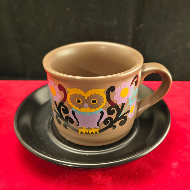 Sadler | Kop (diameter 8,5 | hoogte 6,5 cm) en schotel (diameter 14,5 | hoogte 2 cm) meerkleurig 'Uil' motief in Briuin | Vintage