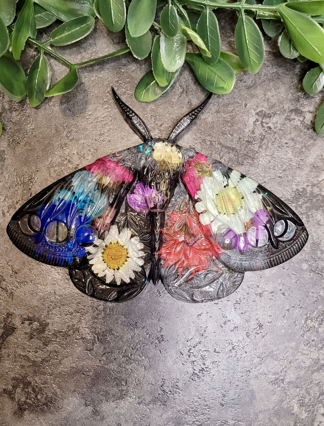 Moth Wall Hanging - Mixed Dried Flowers with Silver &amp; Black Base