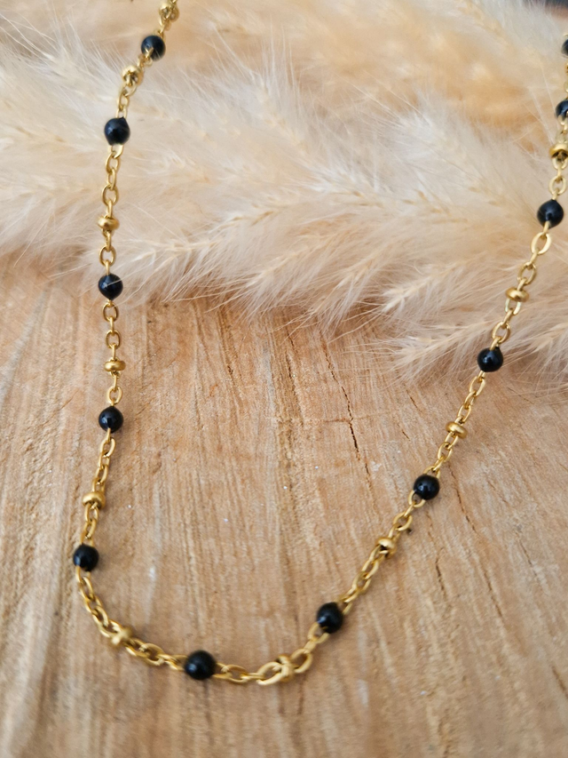 Collier finesse "Perles émaillées" - Modèle doré et noir