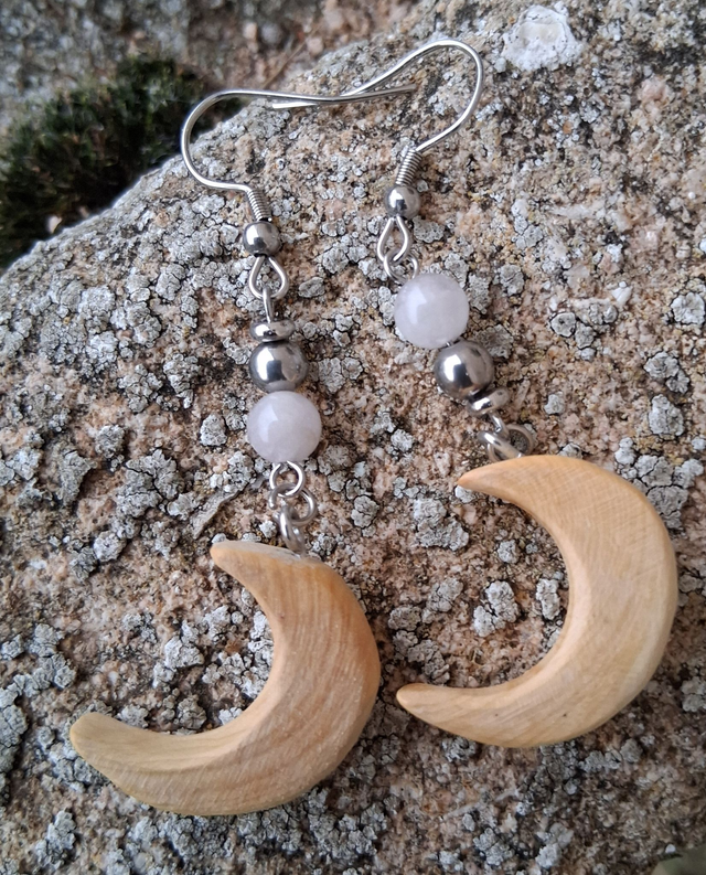 Boucles d'oreilles en bois et pierres, Buis et Améthyste Claire