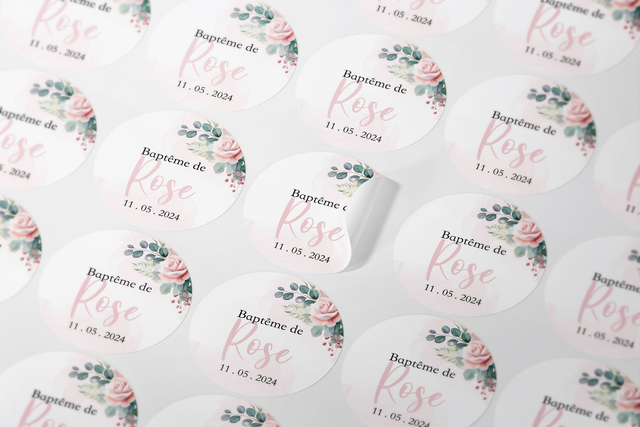 Étiquettes de remerciement Baptême Fleurs & Blush rose